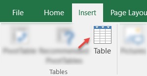 Insert Table in Excel